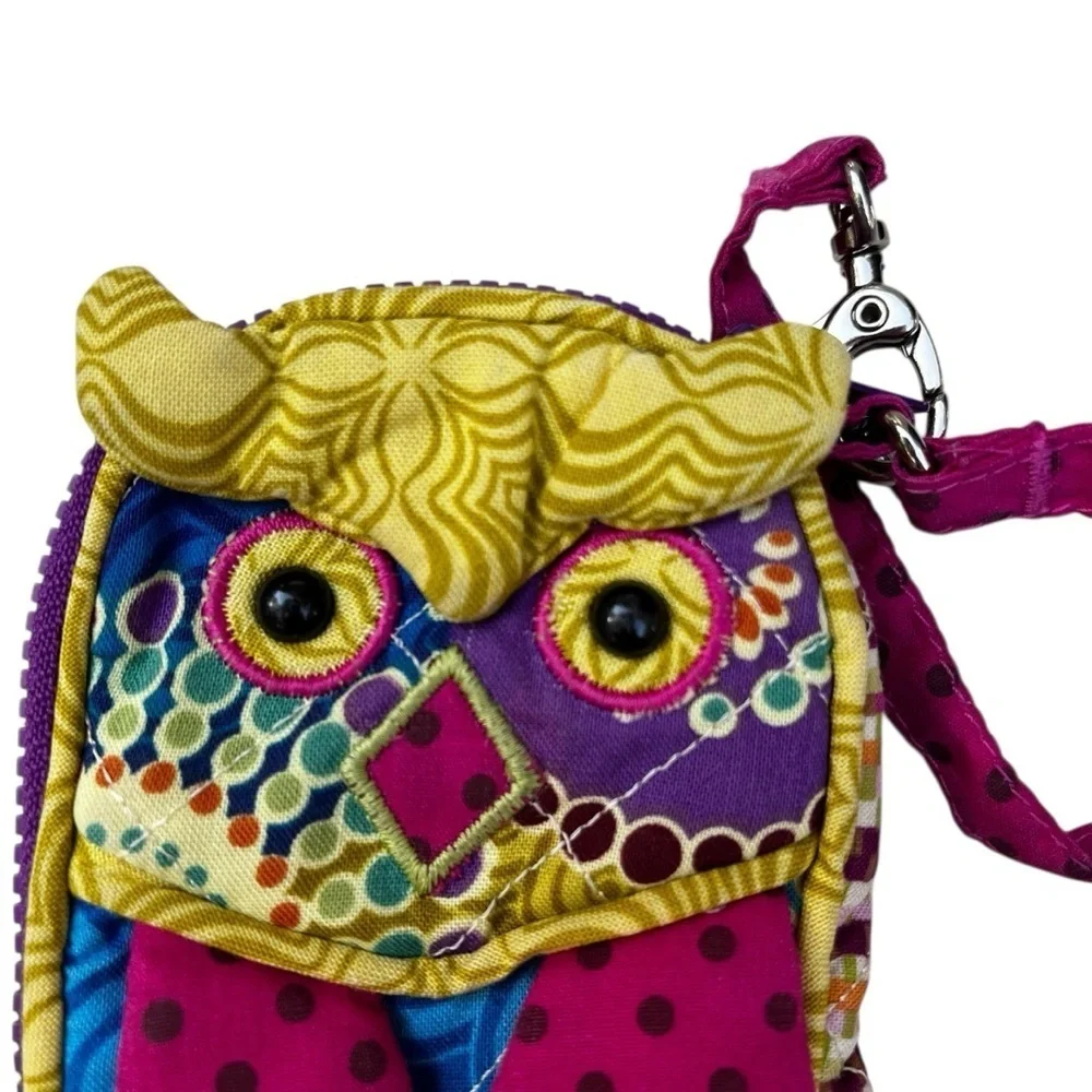 Douglas Sillo-ette Owl Fabric Zipper Wristlet Case 6”x4” Fabric Yellow Strap